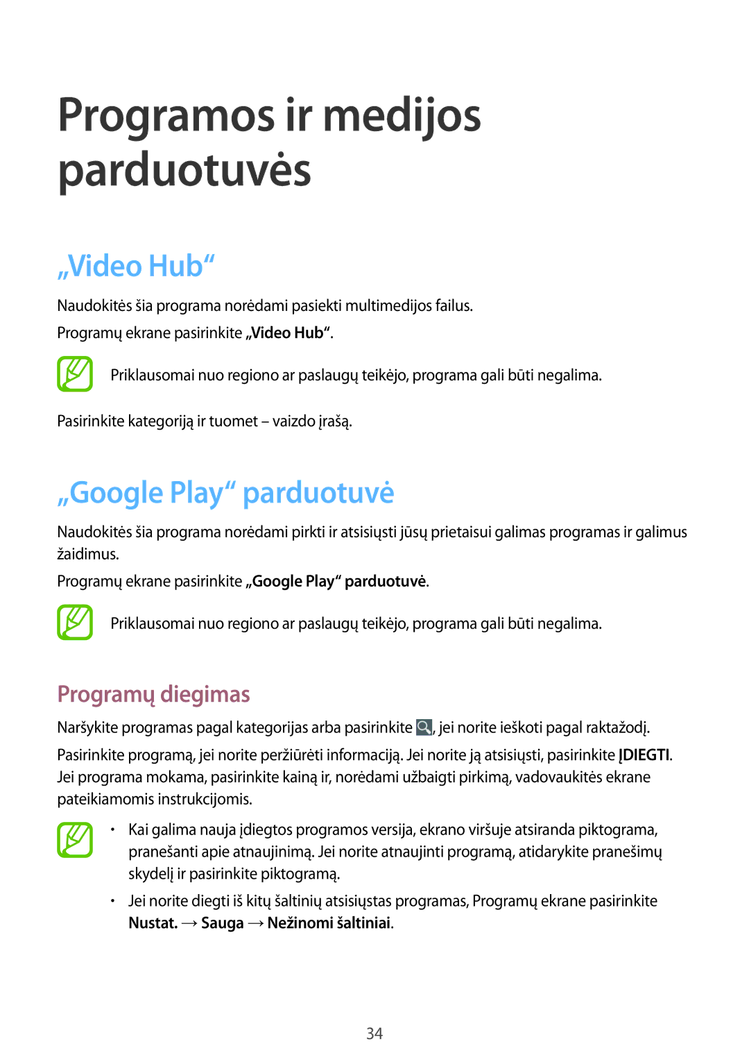 Samsung GT-B9150ZKASEB manual „Video Hub, „Google Play parduotuvė, Nustat. →Sauga →Nežinomi šaltiniai 