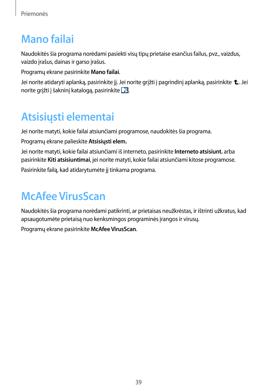 Samsung GT-B9150ZKASEB manual Mano failai, Atsisiųsti elementai, Programų ekrane pasirinkite McAfee VirusScan 
