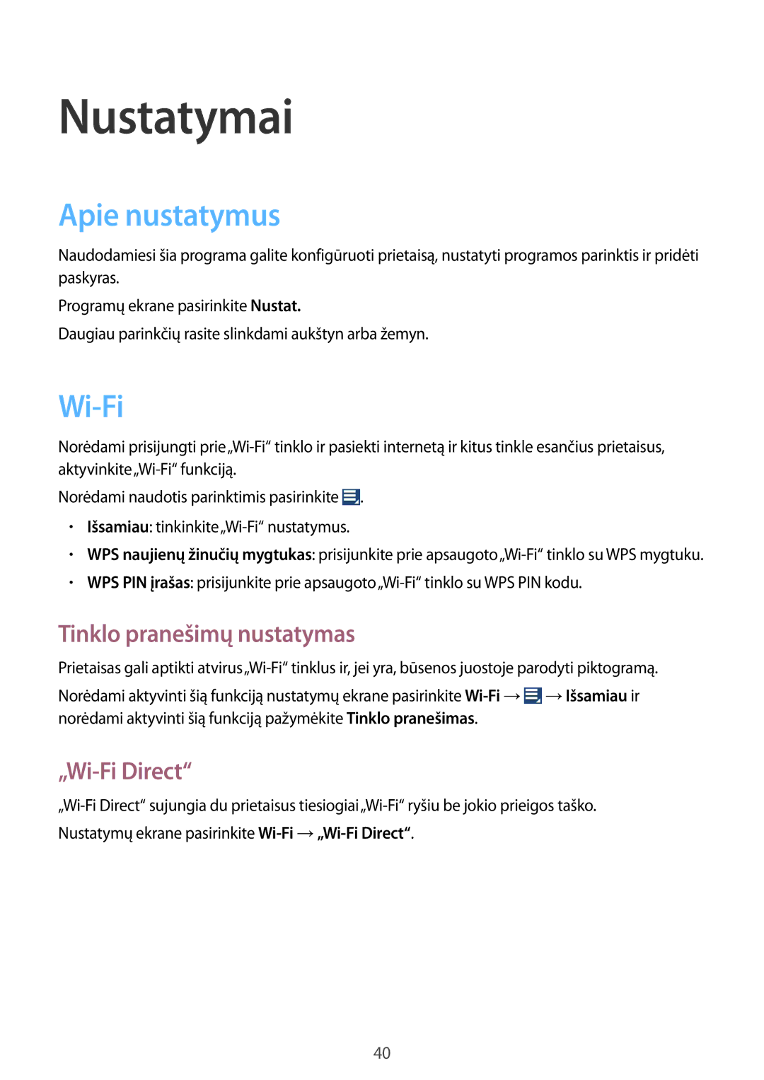 Samsung GT-B9150ZKASEB manual Nustatymai, Apie nustatymus, Tinklo pranešimų nustatymas, „Wi-Fi Direct 