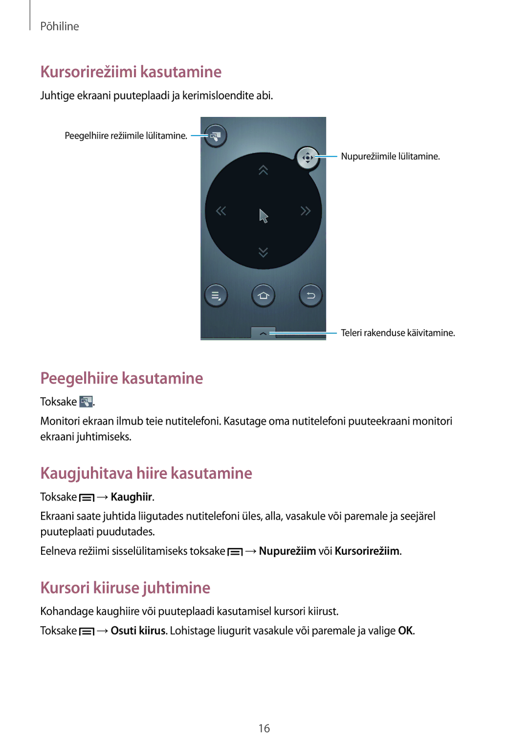 Samsung GT-B9150ZKASEB manual Kursorirežiimi kasutamine, Peegelhiire kasutamine, Kaugjuhitava hiire kasutamine 