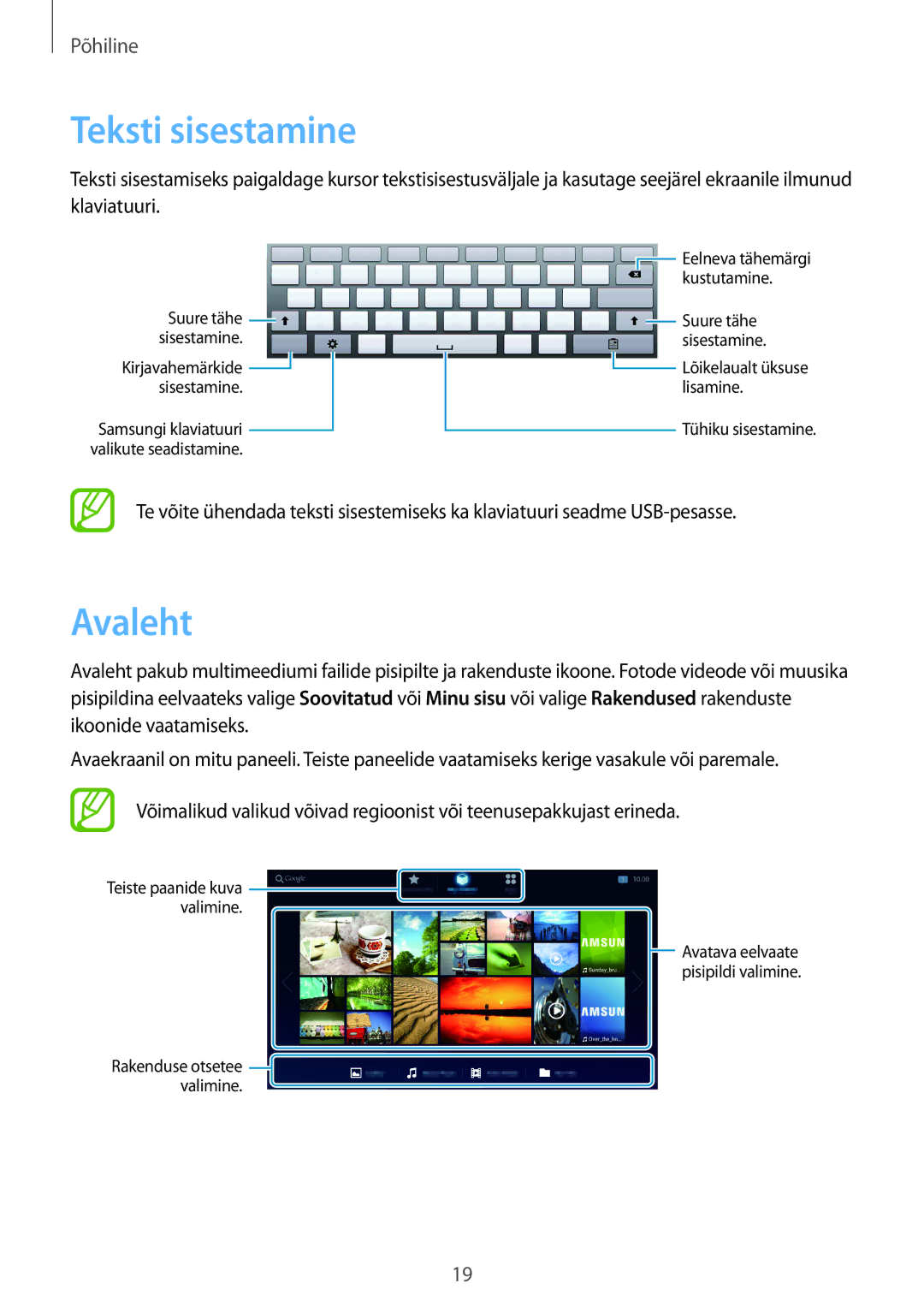 Samsung GT-B9150ZKASEB manual Teksti sisestamine, Avaleht 