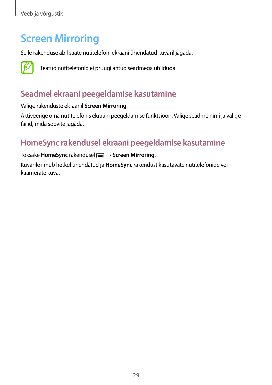 Samsung GT-B9150ZKASEB manual Screen Mirroring, Seadmel ekraani peegeldamise kasutamine 