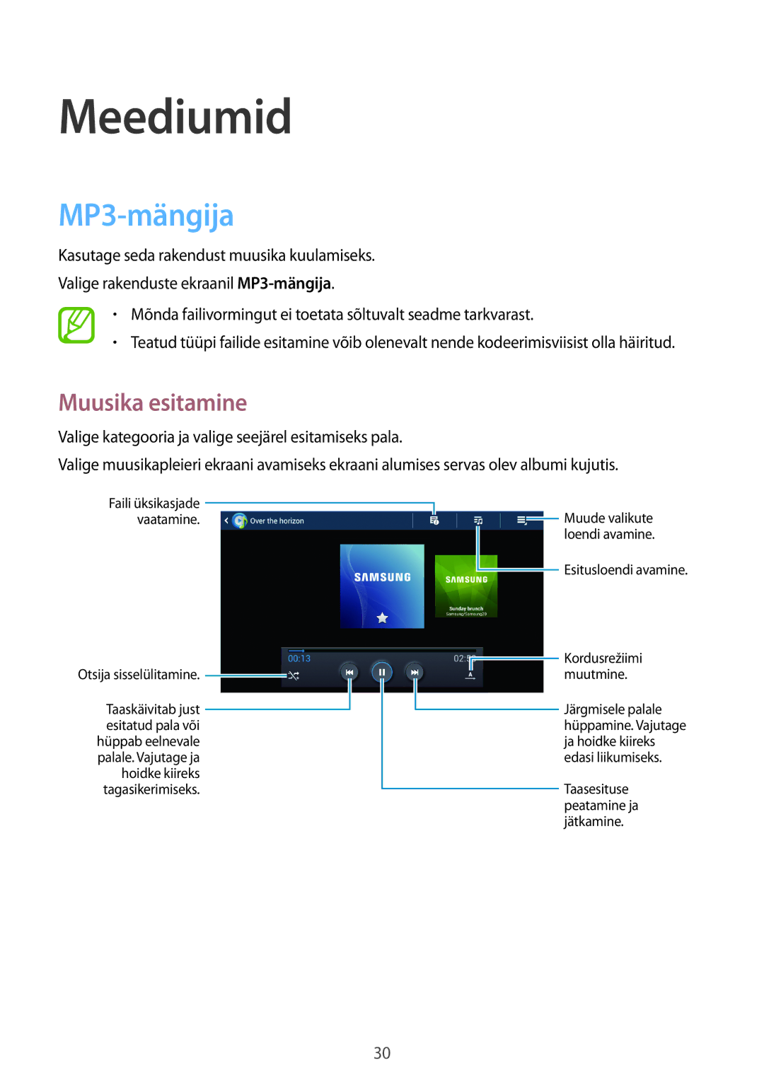 Samsung GT-B9150ZKASEB manual Meediumid, MP3-mängija, Muusika esitamine 