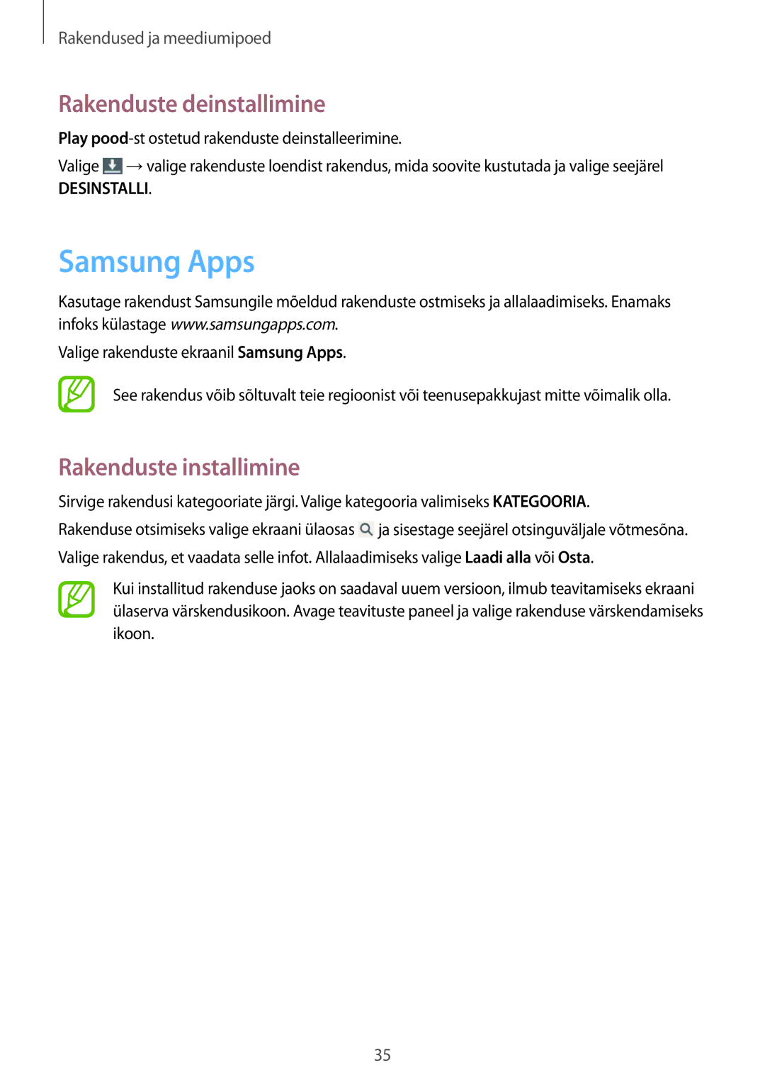 Samsung GT-B9150ZKASEB manual Samsung Apps, Rakenduste deinstallimine 