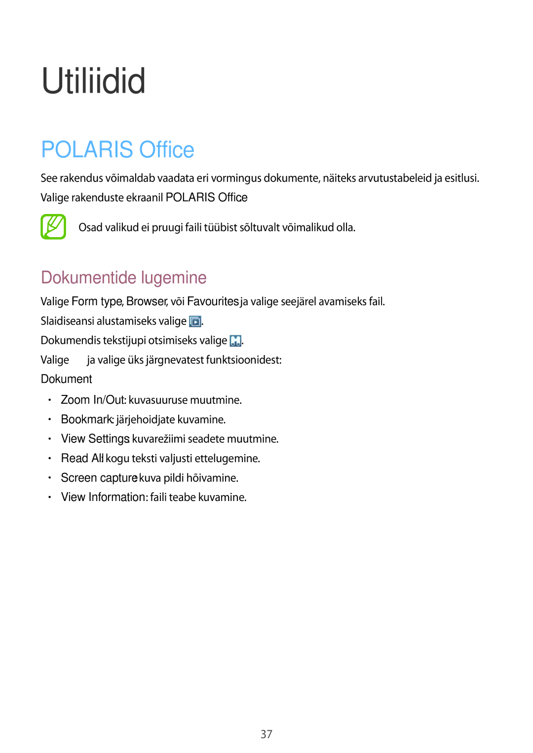 Samsung GT-B9150ZKASEB manual Utiliidid, Polaris Office, Dokumentide lugemine 