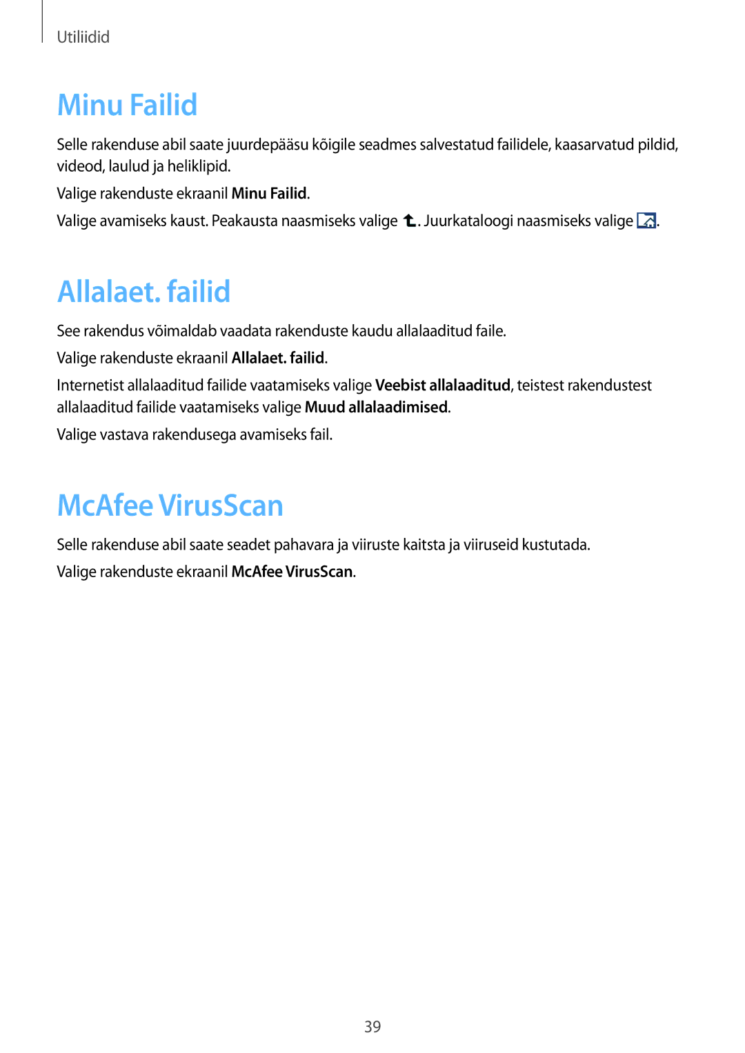 Samsung GT-B9150ZKASEB manual Minu Failid, Allalaet. failid, McAfee VirusScan 