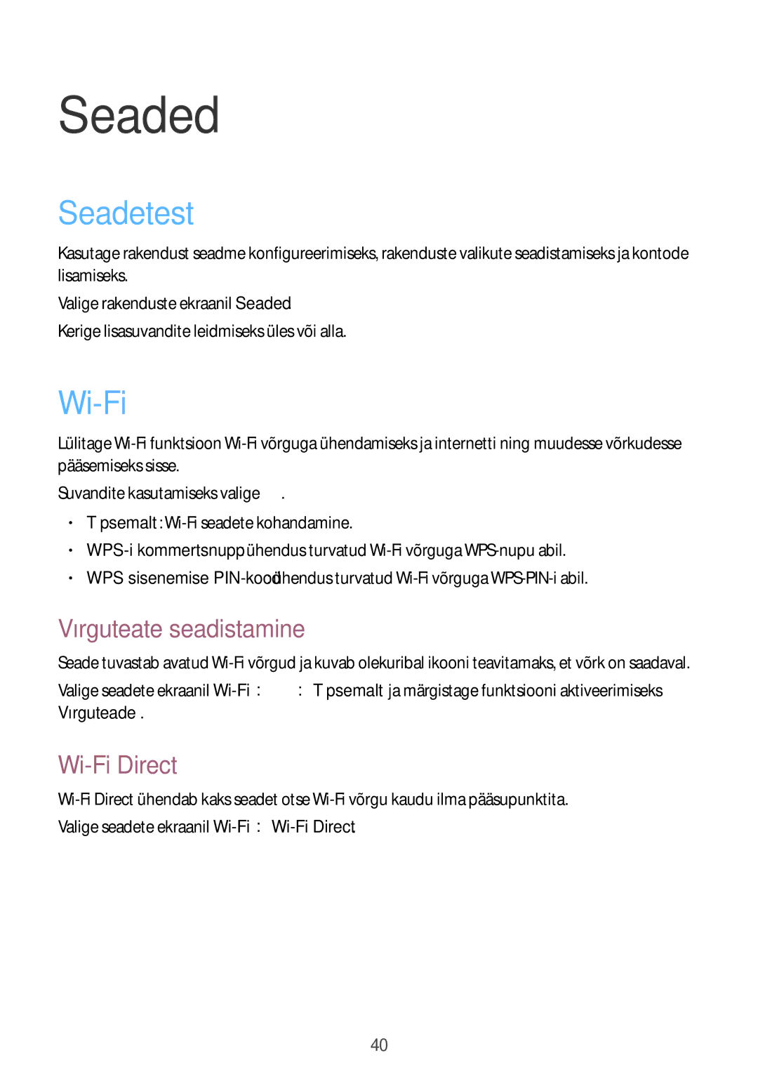 Samsung GT-B9150ZKASEB manual Seaded, Seadetest, Võrguteate seadistamine, Wi-Fi Direct 