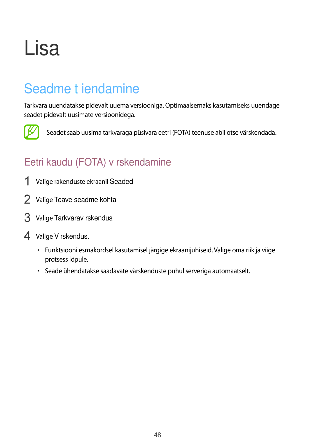 Samsung GT-B9150ZKASEB manual Lisa, Seadme täiendamine, Eetri kaudu Fota värskendamine 