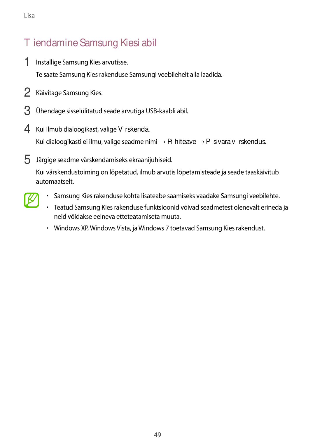 Samsung GT-B9150ZKASEB manual Täiendamine Samsung Kiesi abil 