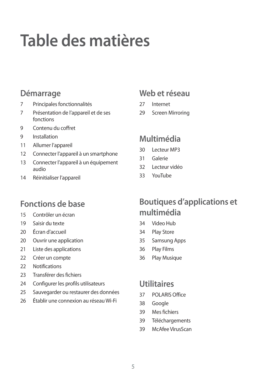 Samsung GT-B9150ZKAXEF manual Table des matières, Démarrage 