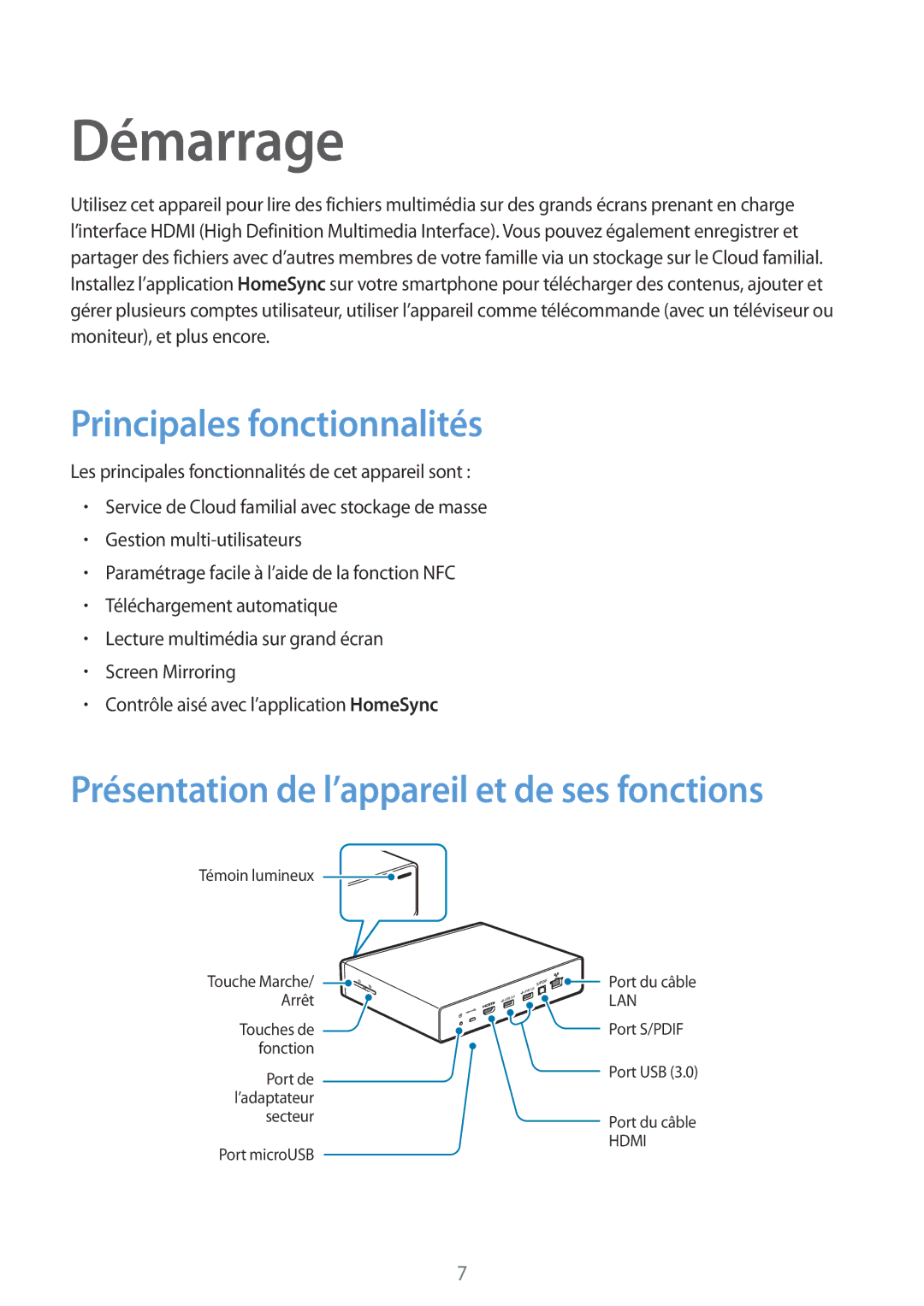 Samsung GT-B9150ZKAXEF manual Démarrage, Principales fonctionnalités, Présentation de l’appareil et de ses fonctions 