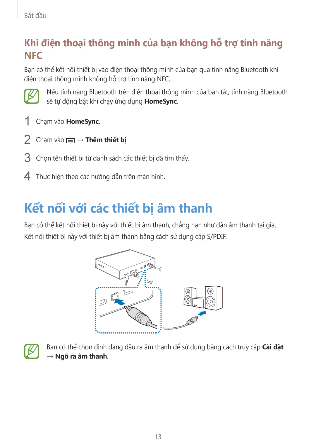 Samsung GT-B9150ZKAXEV manual Kết nối với các thiết bị âm thanh, Khi điện thoại thông minh của bạn không hỗ trợ tính năng 