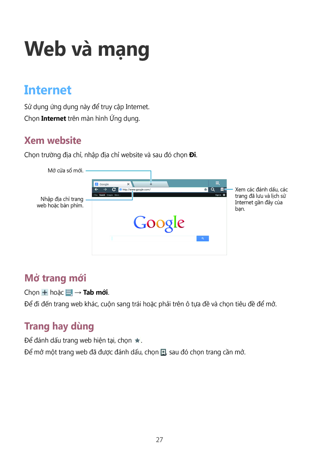 Samsung GT-B9150ZKAXEV manual Web và mạng, Internet, Xem website, Mở trang mới, Trang hay dùng 