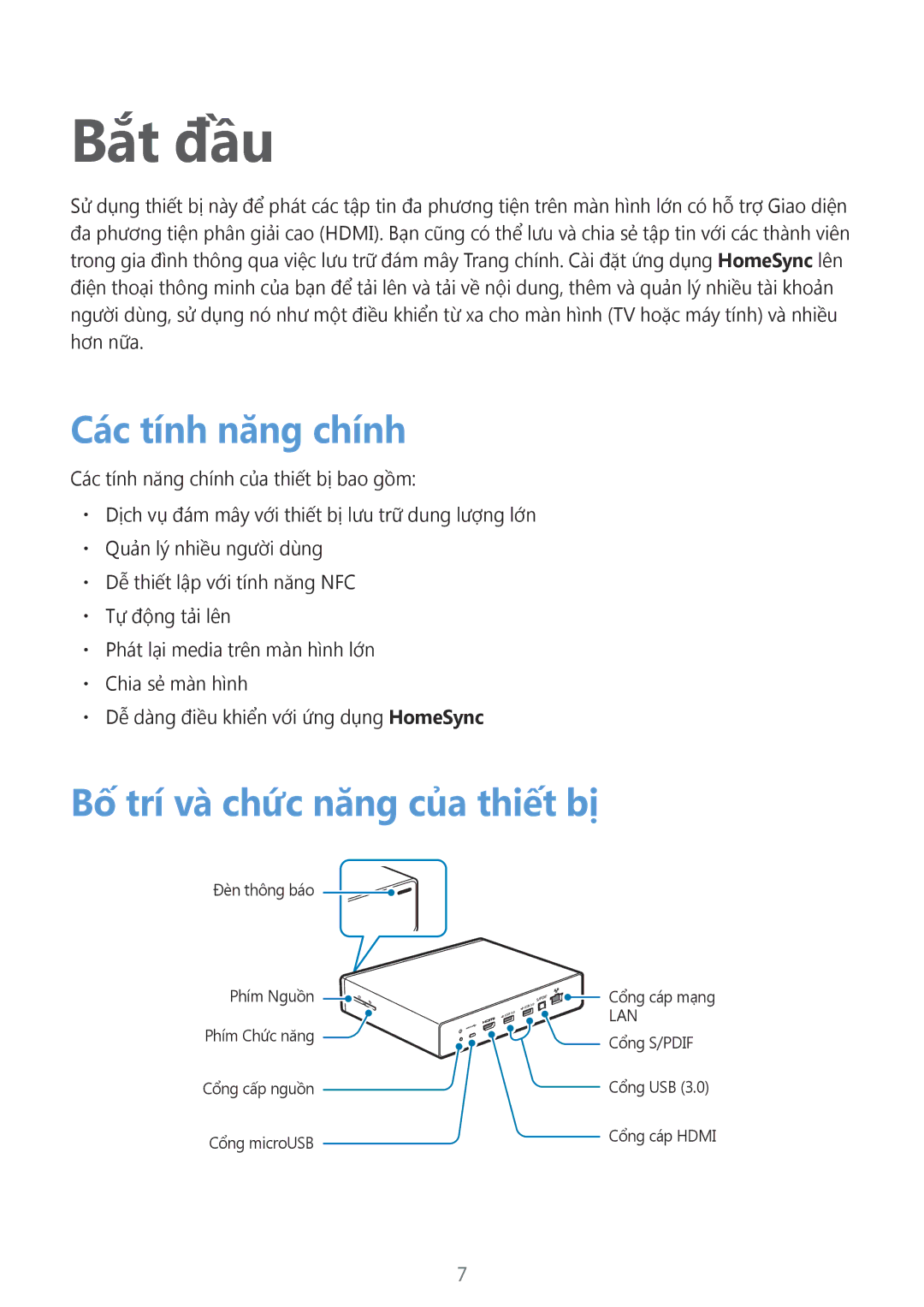 Samsung GT-B9150ZKAXEV manual Bắt đầu, Các tính năng chính, Bố trí và chức năng của thiết bị 