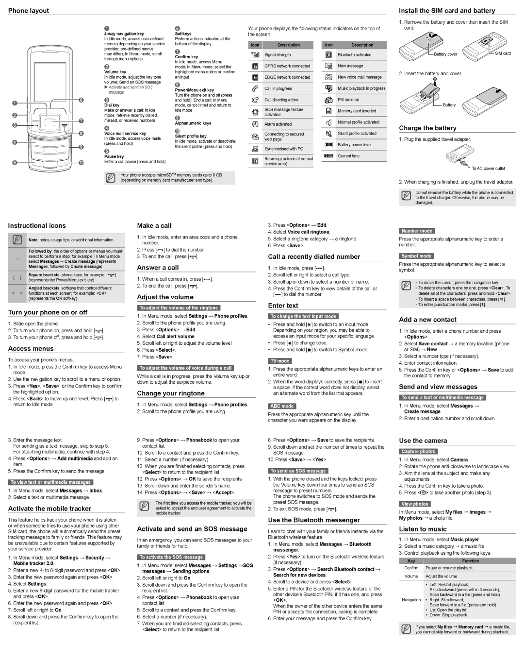 Samsung GT-C3053 Phone layout Install the SIM card and battery, Charge the battery, Instructional icons, Access menus 