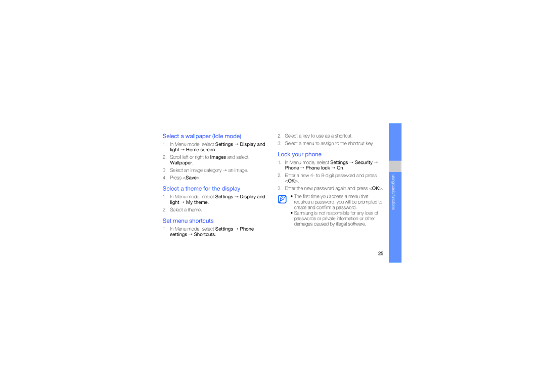 Samsung GT-C3212 manual Select a wallpaper Idle mode, Select a theme for the display, Set menu shortcuts, Lock your phone 