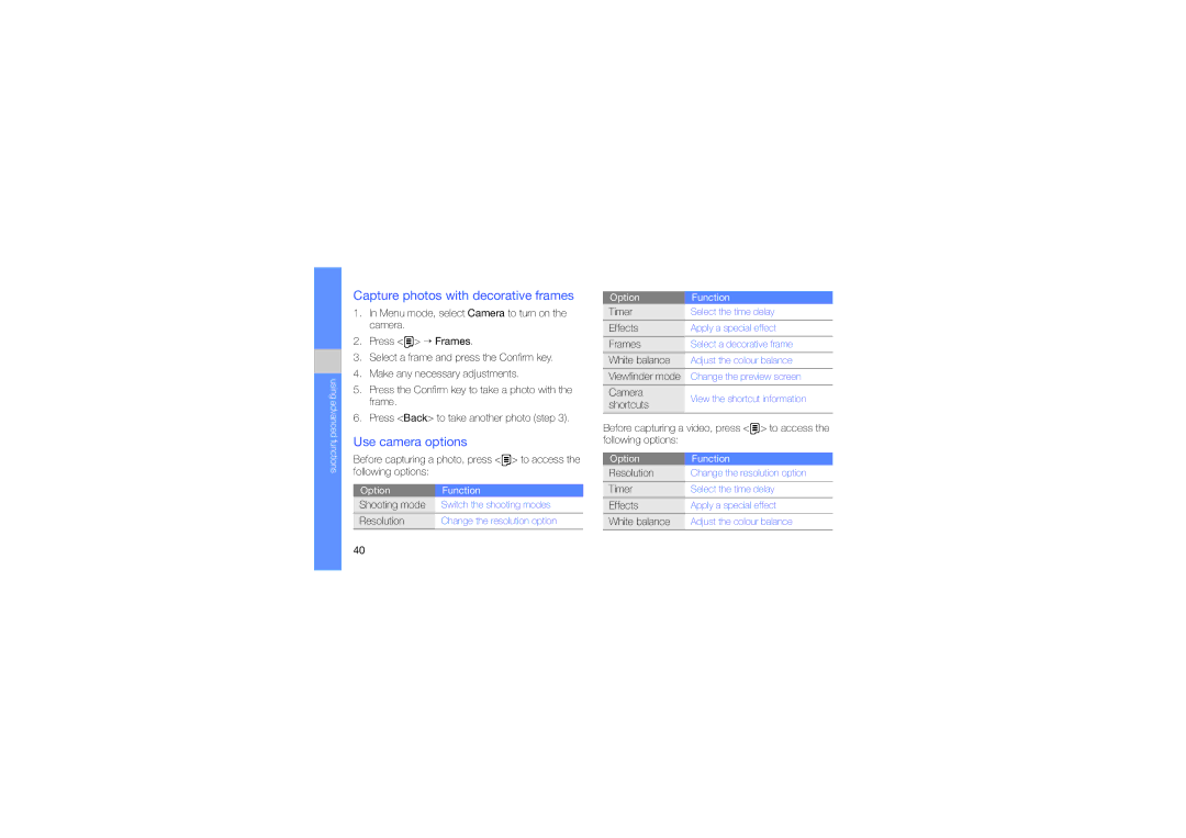 Samsung GT-C3212 manual Capture photos with decorative frames, Use camera options 
