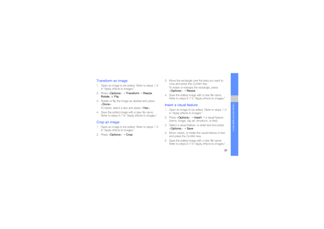 Samsung GT-C3212 manual Transform an image, Crop an image, Insert a visual feature 