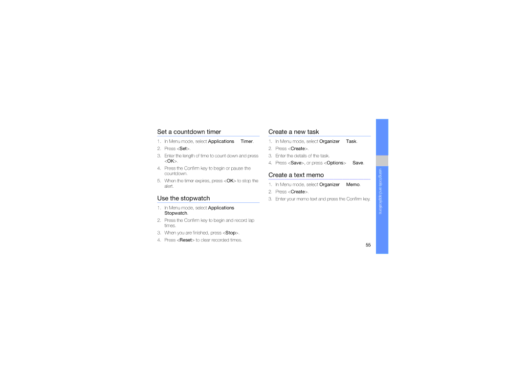 Samsung GT-C3212 manual Set a countdown timer, Use the stopwatch, Create a new task, Create a text memo 