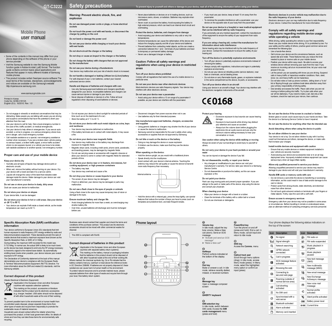 Samsung GT-C3222 user manual Phone layout 