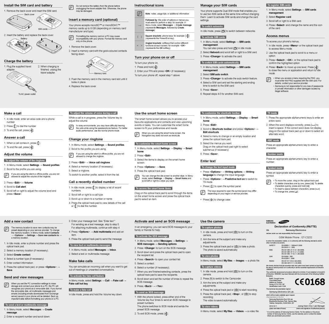 Samsung GT-C3222 Install the SIM card and battery, Charge the battery, Insert a memory card optional, Instructional icons 