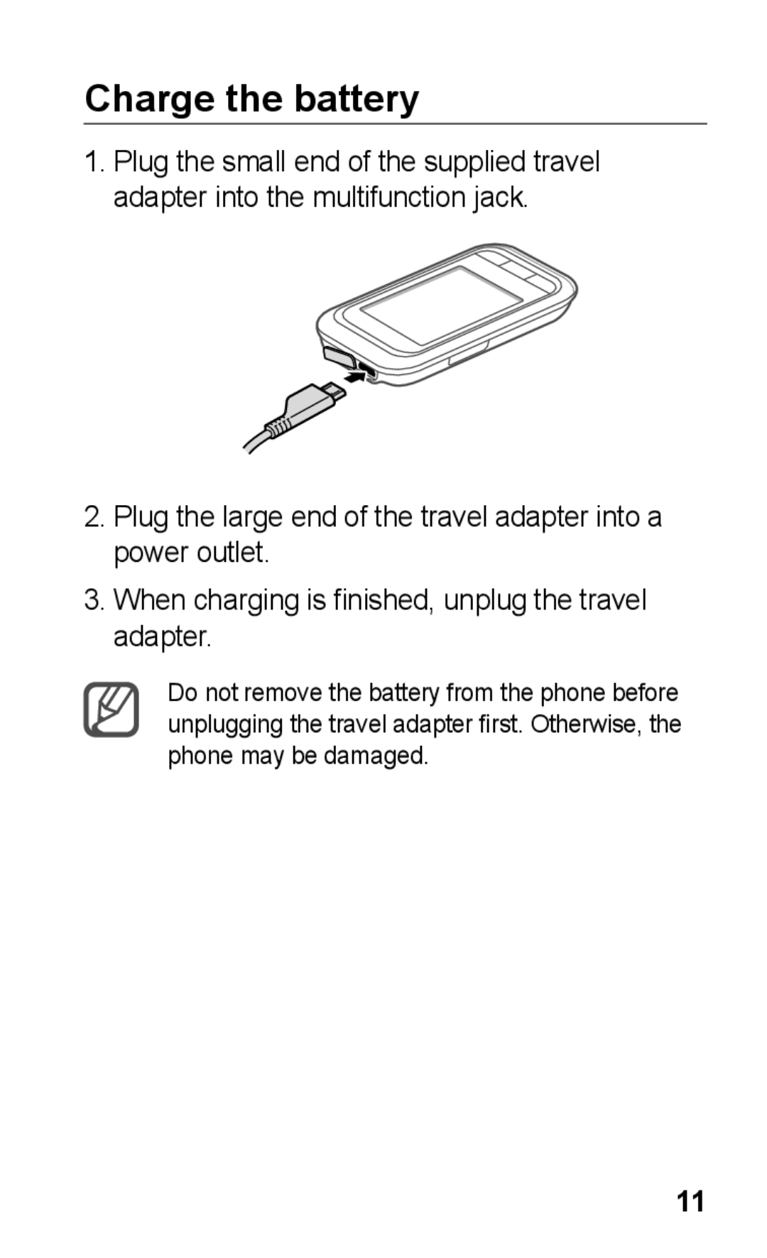 Samsung GT-C3300CWKXEZ, GT-C3300CWKTMN, GT-C3300CIHATO, GT-C3300DKKCNX, GT-C3300PSKCIT, GT-C3300CIHCIT manual Charge the battery 