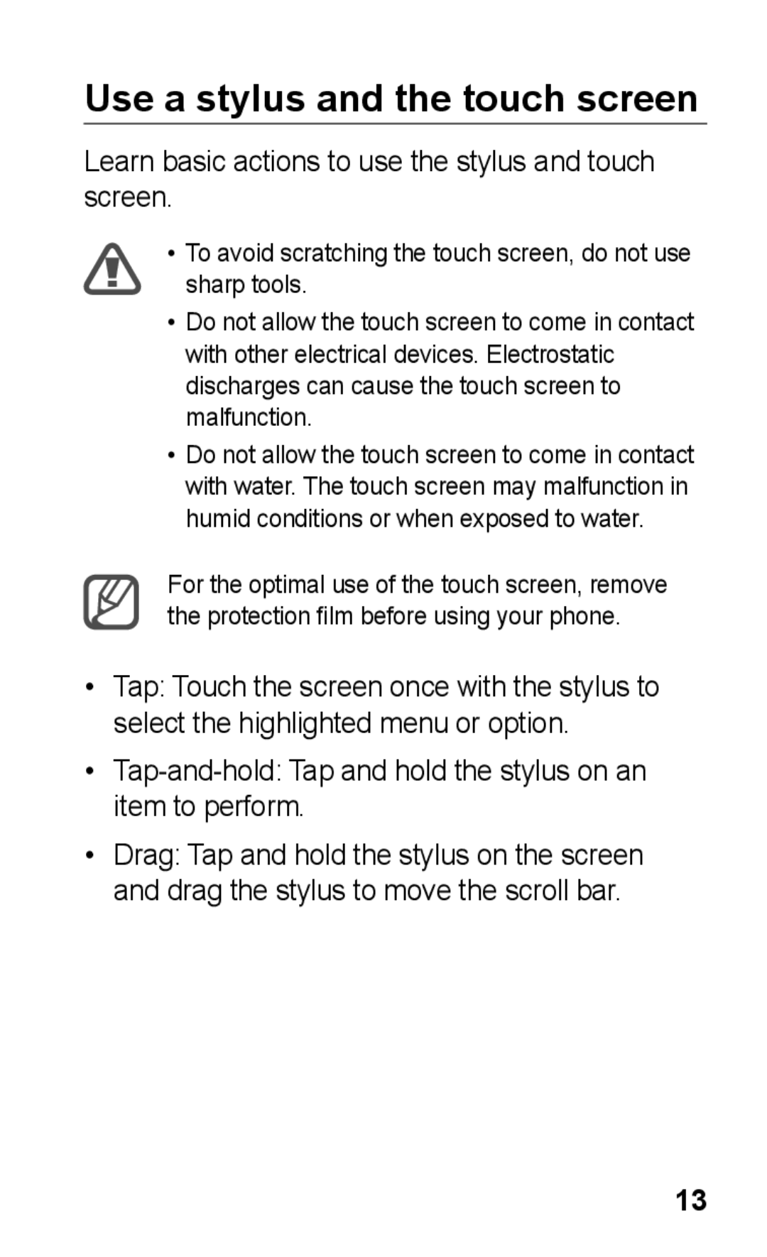 Samsung GT-C3300SIKIRD manual Use a stylus and the touch screen, Learn basic actions to use the stylus and touch screen 