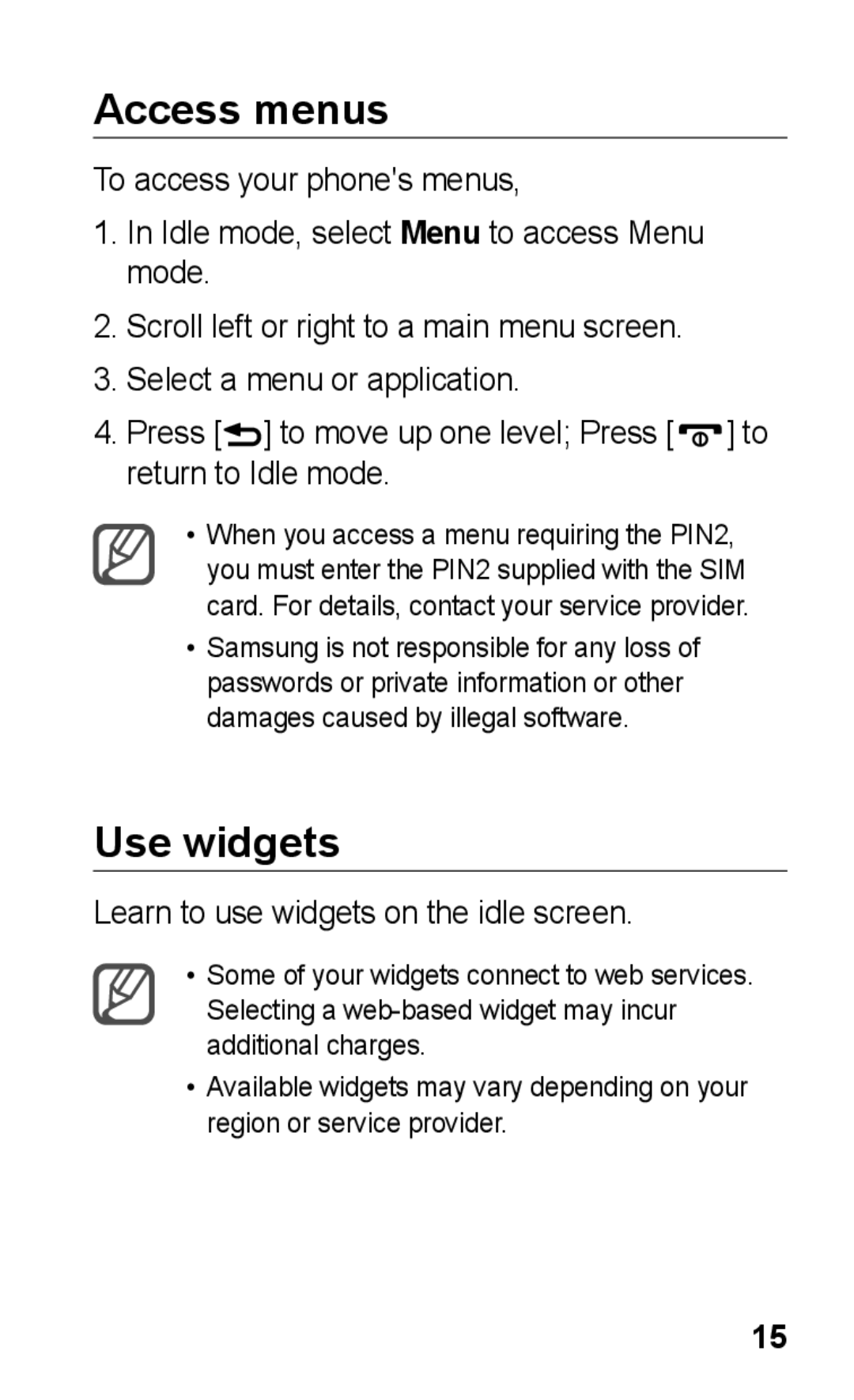 Samsung GT-C3300CIHIRD, GT-C3300CWKTMN, GT-C3300CIHATO Access menus, Use widgets, Learn to use widgets on the idle screen 