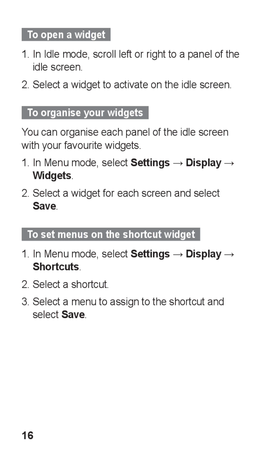 Samsung GT-C3300CIHXEZ manual To open a widget, To organise your widgets, Menu mode, select Settings → Display → Widgets 