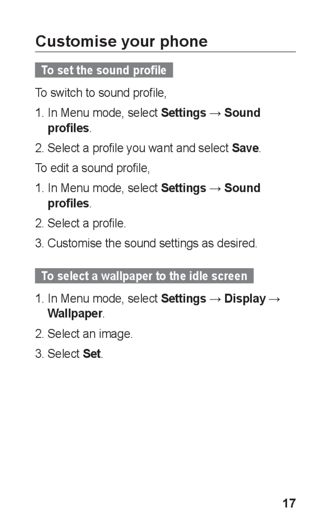 Samsung GT-C3300SIKXEZ manual Customise your phone, To set the sound profile, Menu mode, select Settings → Sound profiles 