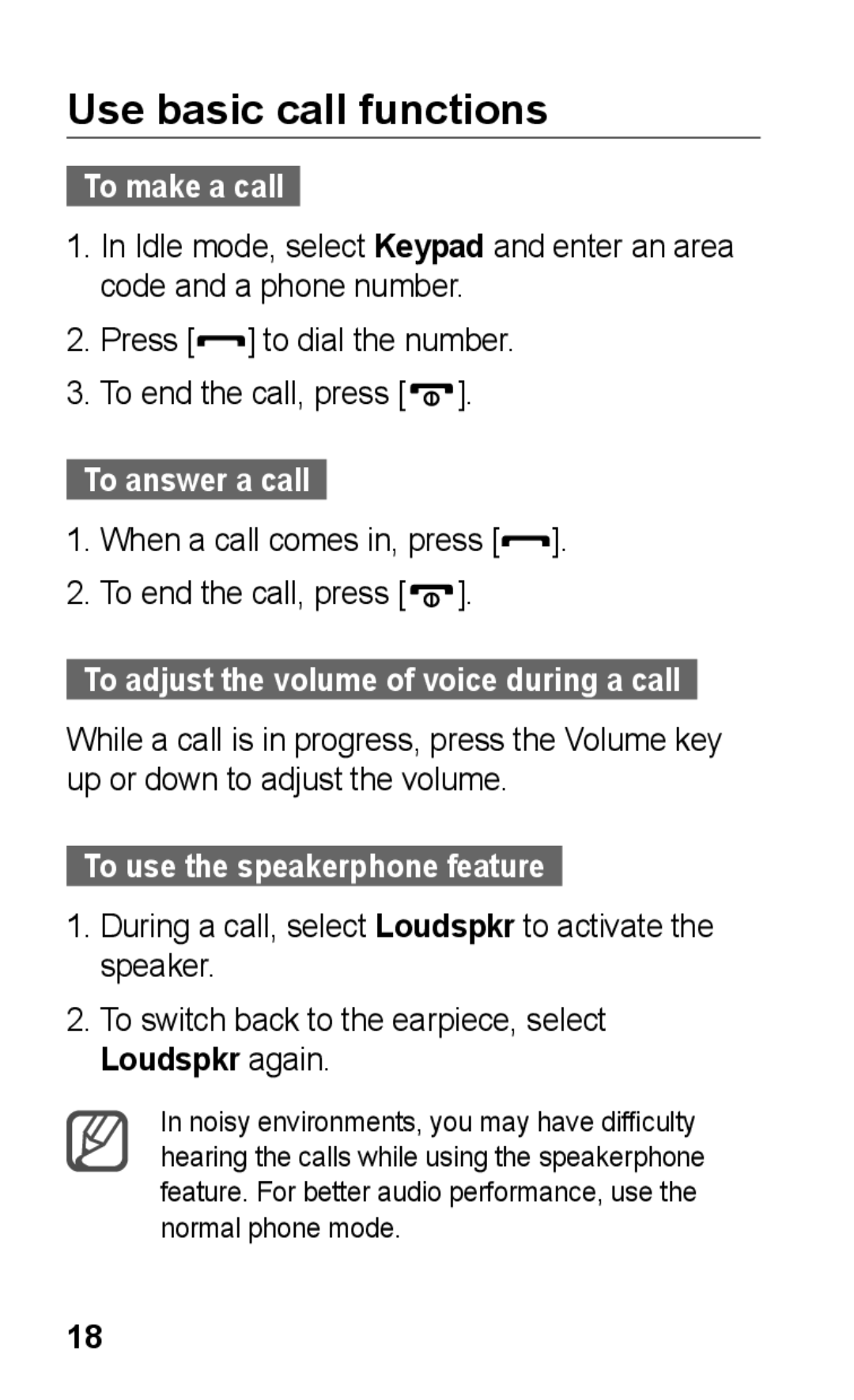 Samsung GT-C3300ENKIRD manual Use basic call functions, To make a call, To answer a call, To use the speakerphone feature 