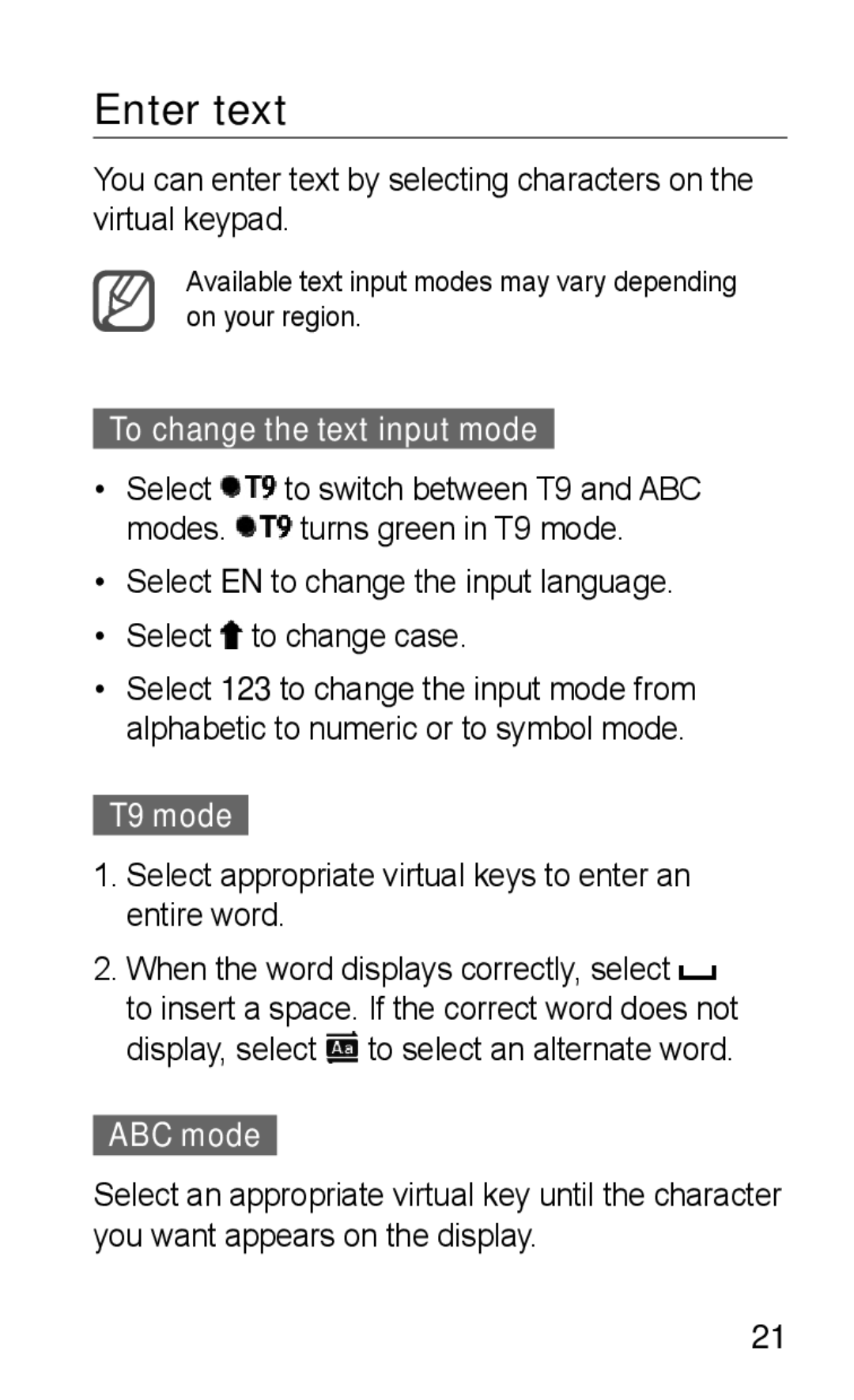 Samsung GT-C3300DKKCYO, GT-C3300CWKTMN, GT-C3300CIHATO manual Enter text, To change the text input mode, T9 mode, ABC mode 