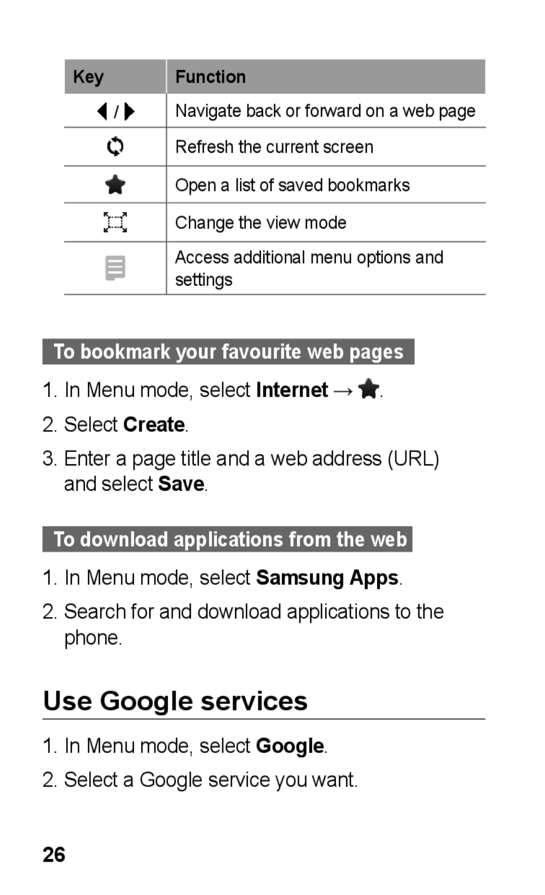 Samsung GT-C3300PSKVGR Use Google services, To bookmark your favourite web pages, To download applications from the web  