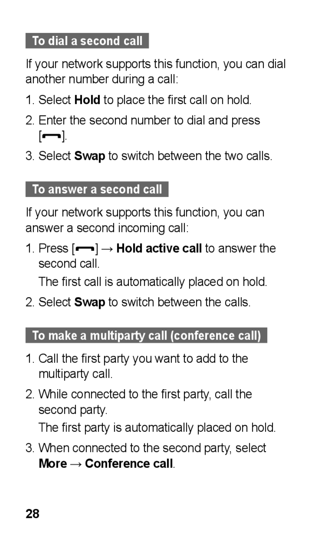 Samsung GT-C3300CWKEUR, GT-C3300CWKTMN, GT-C3300CIHATO, GT-C3300DKKCNX manual To dial a second call, To answer a second call 