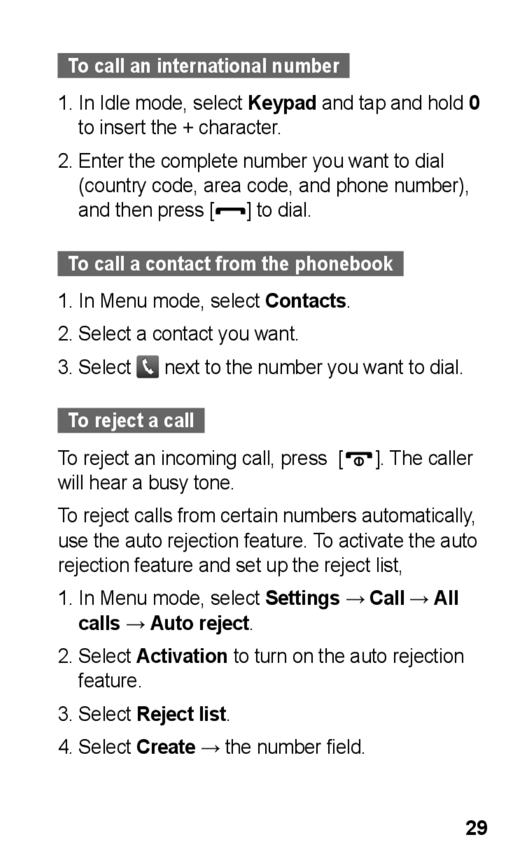 Samsung GT-C3300CWKCYO manual To call an international number, To call a contact from the phonebook, Select Reject list 