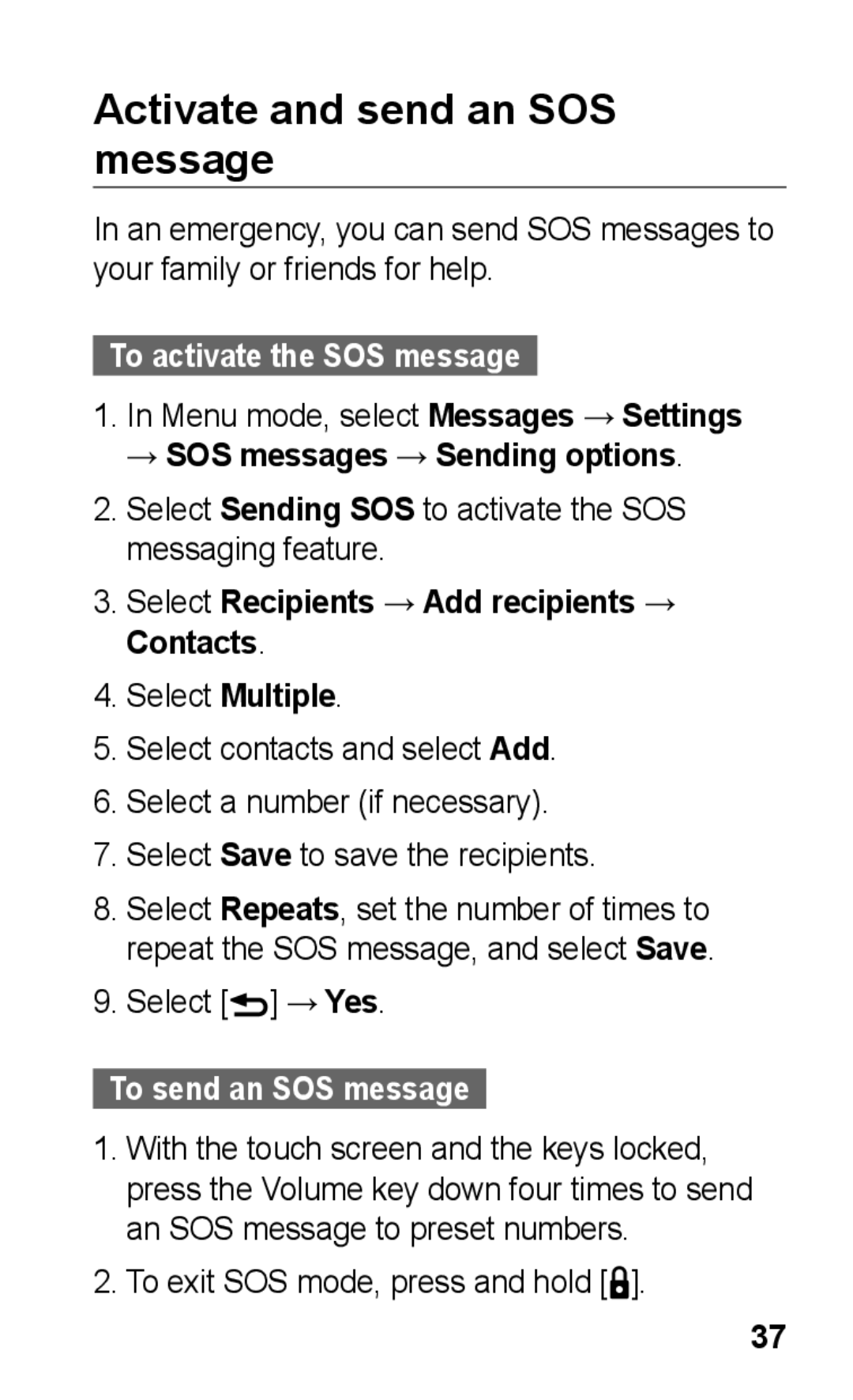 Samsung GT-C3300ENKCOS Activate and send an SOS message, To activate the SOS message, → SOS messages → Sending options 