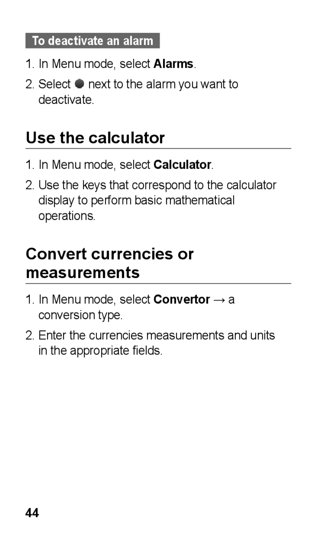 Samsung GT-C3300DKKTMN, GT-C3300CWKTMN manual Use the calculator, Convert currencies or measurements, To deactivate an alarm 