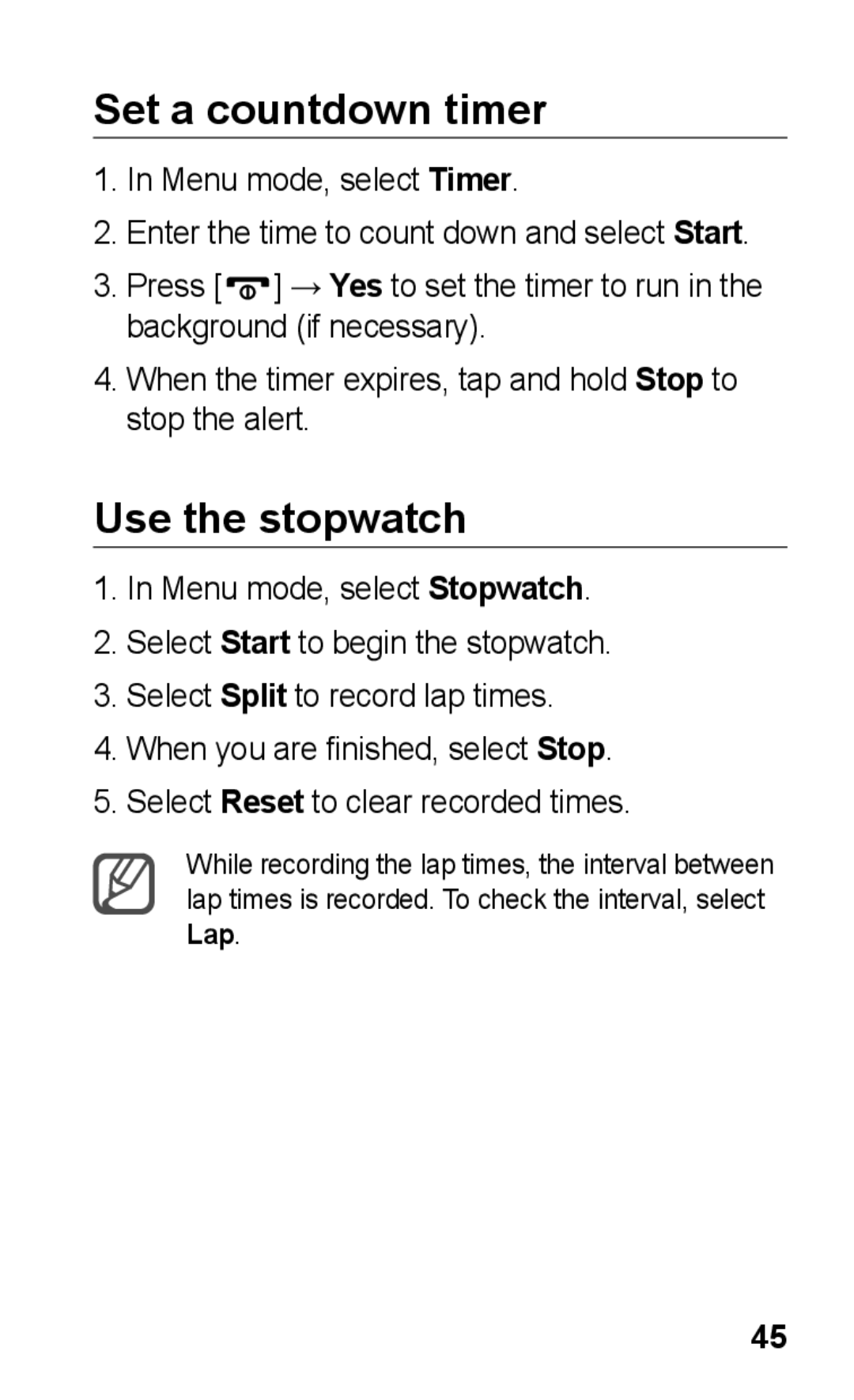 Samsung GT-C3300CIHPAN, GT-C3300CWKTMN, GT-C3300CIHATO, GT-C3300DKKCNX manual Set a countdown timer, Use the stopwatch 