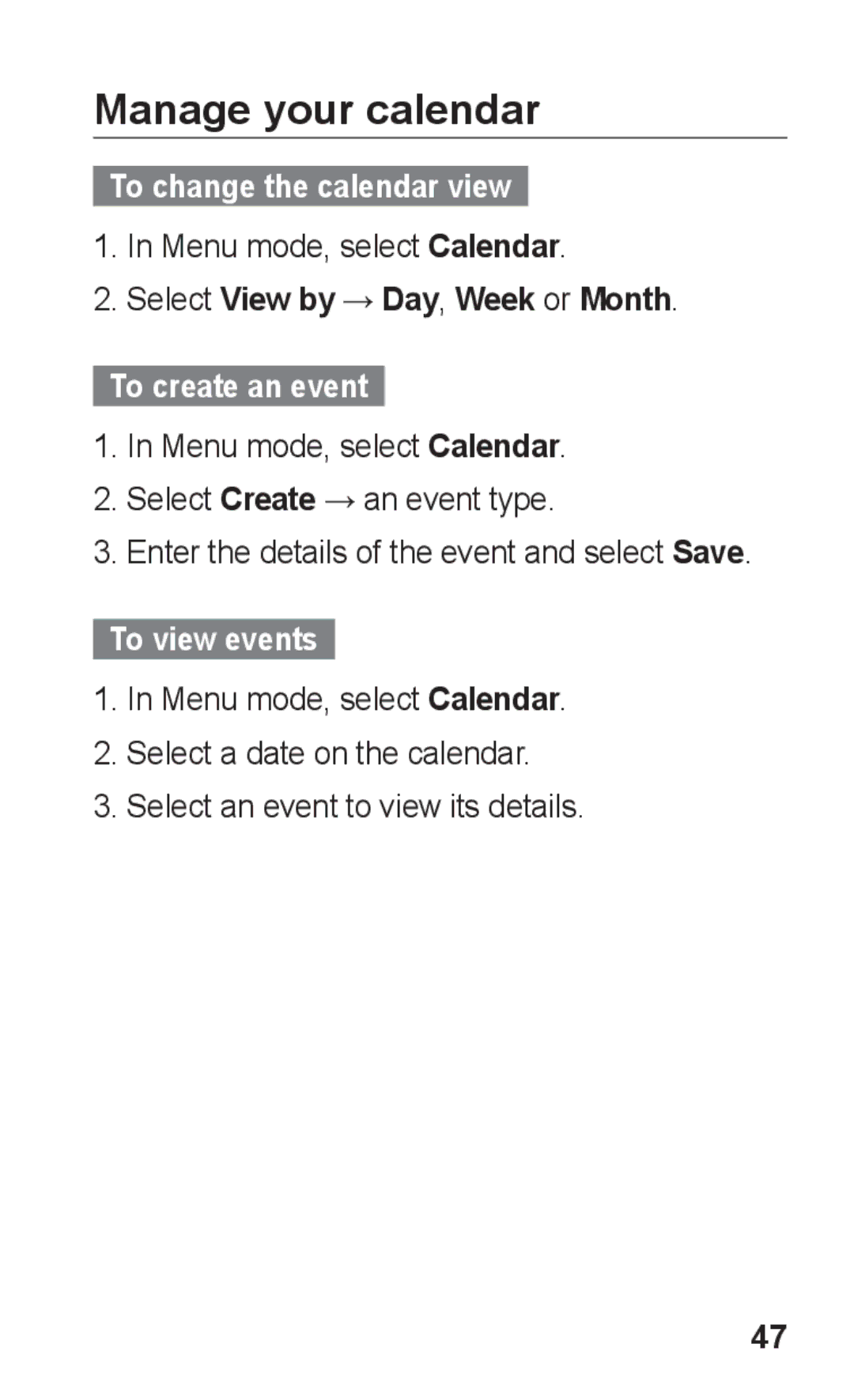 Samsung GT-C3300DKKPAN manual Manage your calendar, To change the calendar view, Select View by → Day, Week or Month 