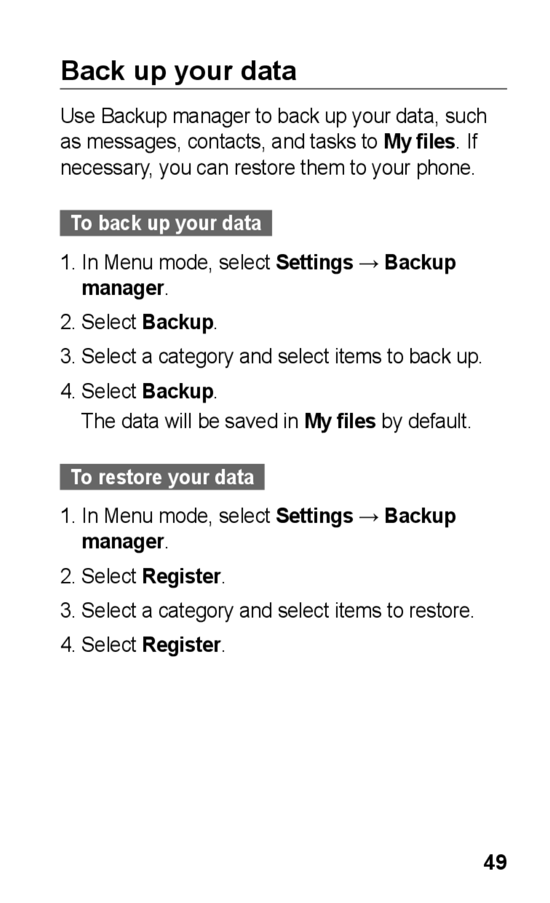 Samsung GT-C3300CWKVDH manual Back up your data, To back up your data, Menu mode, select Settings → Backup manager 