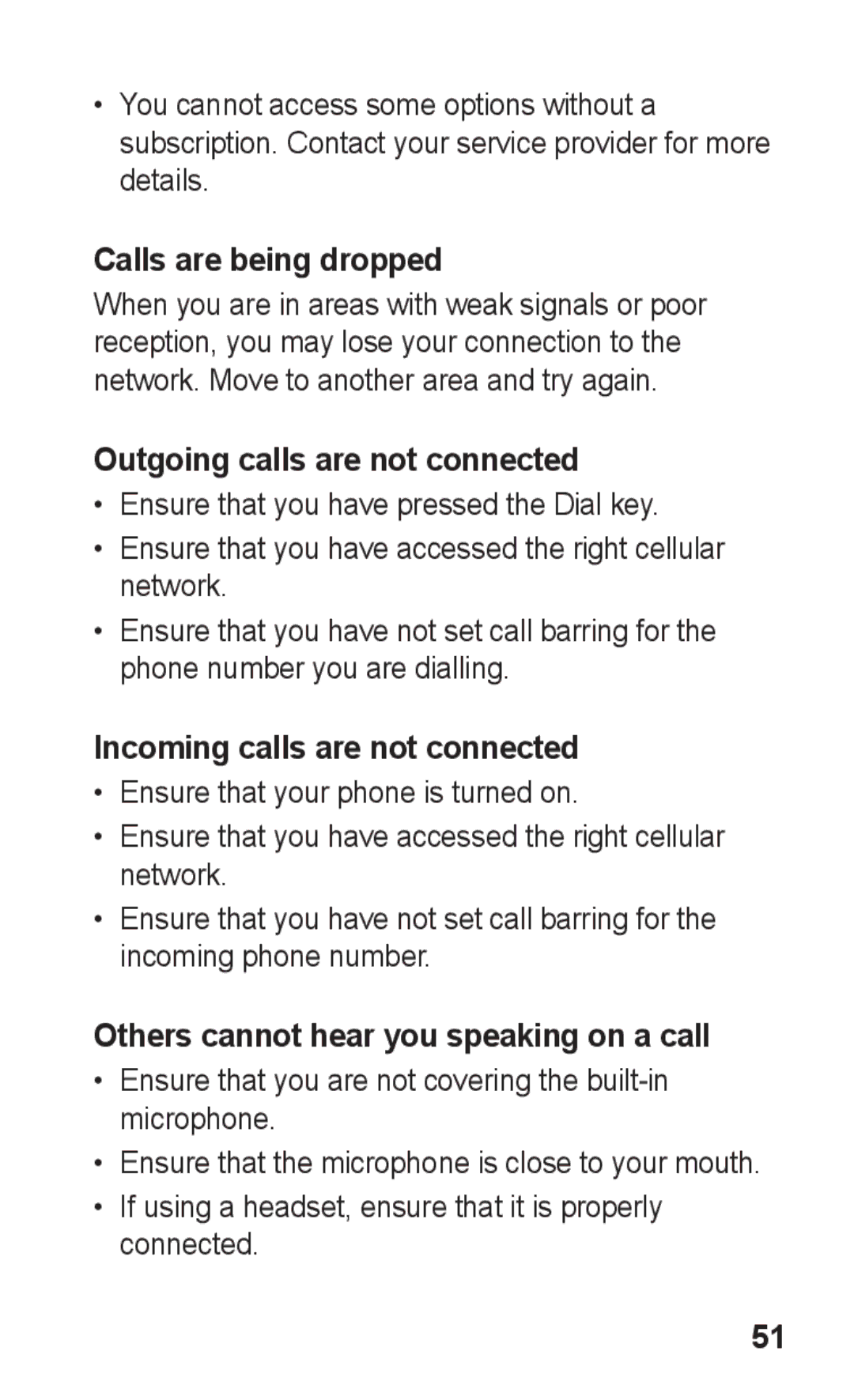 Samsung GT-C3300CIHTMH manual Calls are being dropped, Outgoing calls are not connected, Incoming calls are not connected 