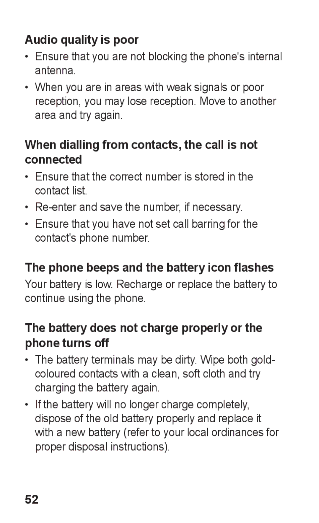 Samsung GT-C3300DKKVDH, GT-C3300CWKTMN manual Audio quality is poor, When dialling from contacts, the call is not connected 