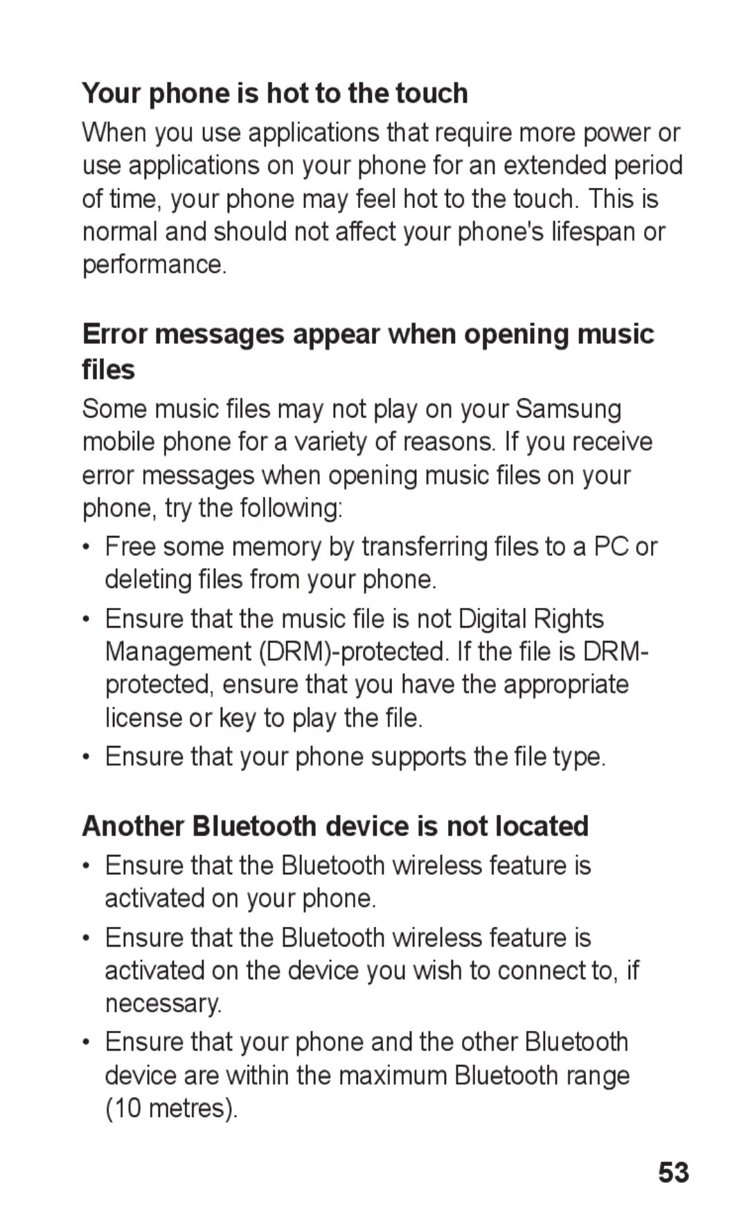 Samsung GT-C3300DKKATO, GT-C3300CWKTMN manual Your phone is hot to the touch, Error messages appear when opening music files 