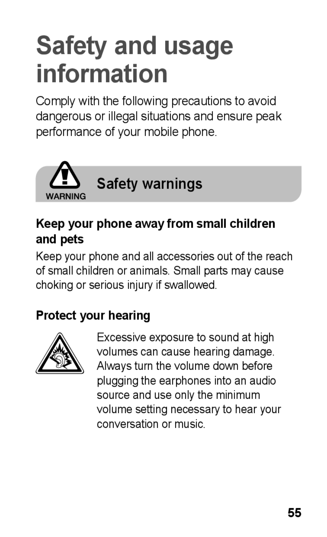 Samsung GT-C3300WRKVDH, GT-C3300CWKTMN manual Keep your phone away from small children and pets, Protect your hearing 