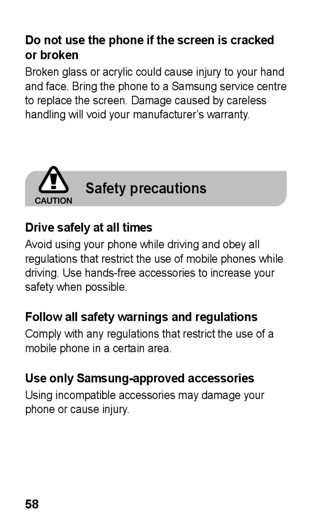 Samsung GT-C3300CWKXEH, GT-C3300CWKTMN Do not use the phone if the screen is cracked or broken, Drive safely at all times 