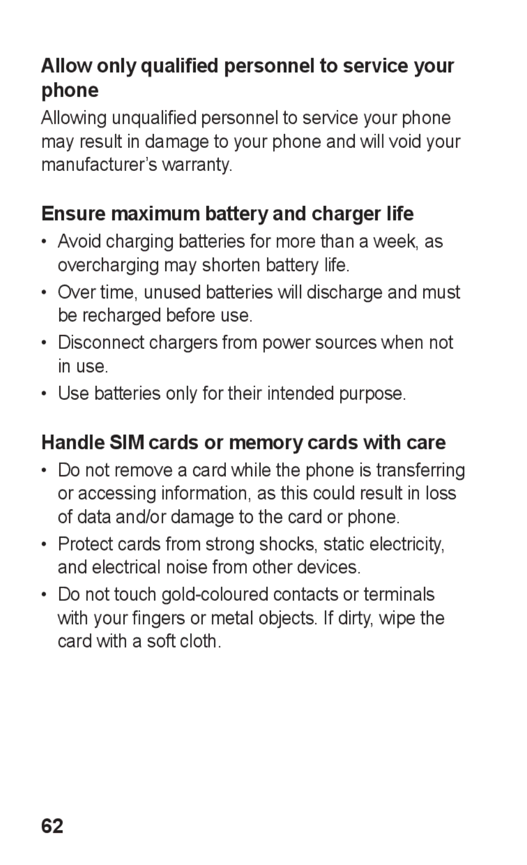 Samsung GT-C3300SIKXEH manual Allow only qualified personnel to service your phone, Ensure maximum battery and charger life 