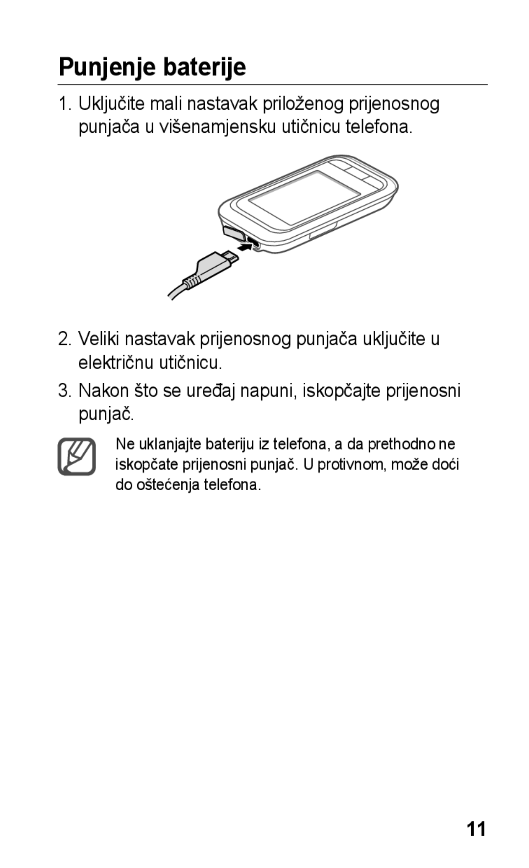 Samsung GT-C3300DKKTWO, GT-C3300CWKVIP, GT-C3300DKKIRD, GT-C3300CWKTWO, GT-C3300DKKVIP, GT-C3300SIKVIP manual Punjenje baterije 