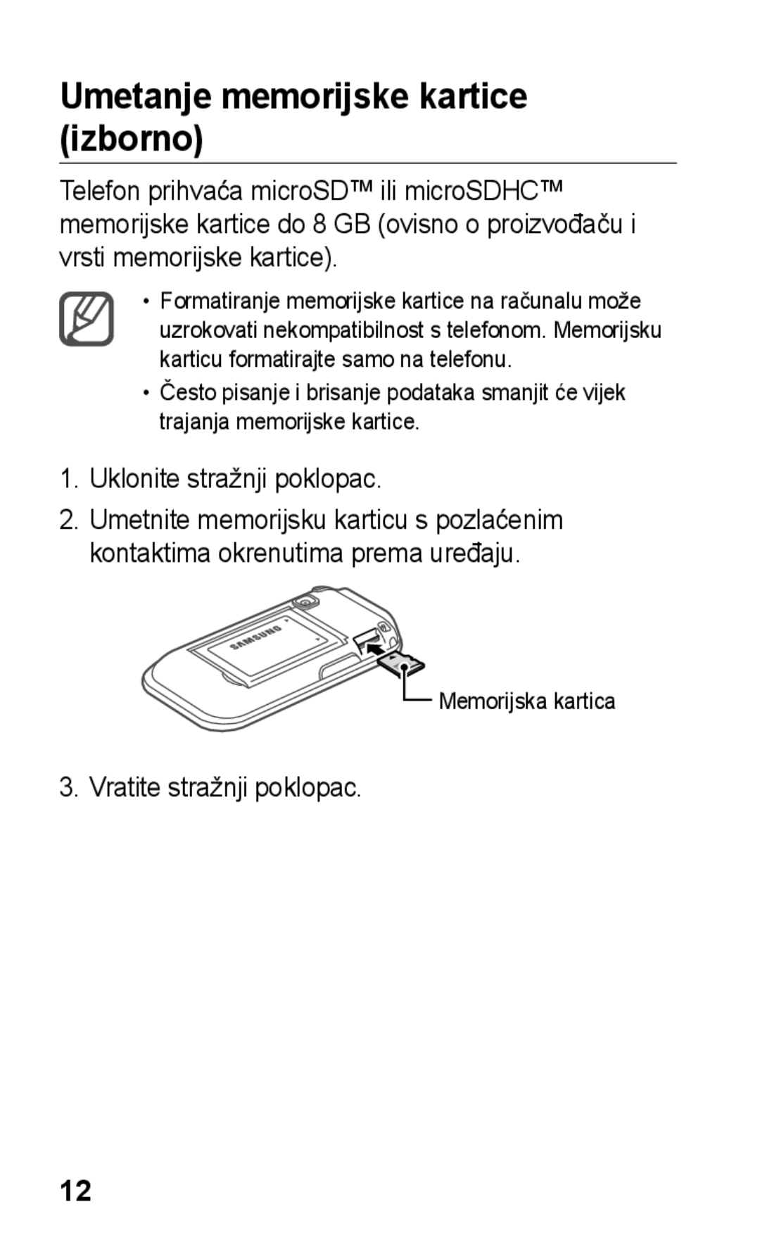 Samsung GT-C3300DKKVIP manual Umetanje memorijske kartice izborno, Uklonite stražnji poklopac, Vratite stražnji poklopac 