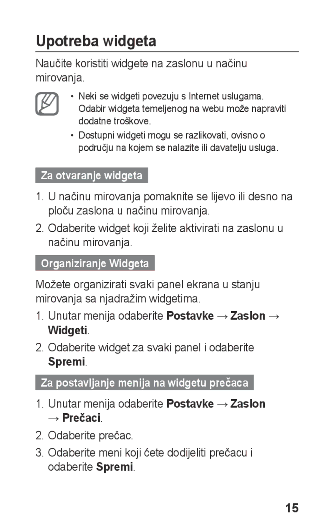 Samsung GT-C3300DKKTRA, GT-C3300CWKVIP, GT-C3300DKKIRD manual Upotreba widgeta, Za otvaranje widgeta, Organiziranje Widgeta 