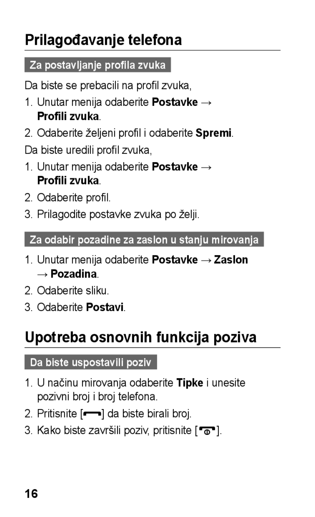 Samsung GT-C3300CWKVIP manual Prilagođavanje telefona, Upotreba osnovnih funkcija poziva, Za postavljanje profila zvuka 